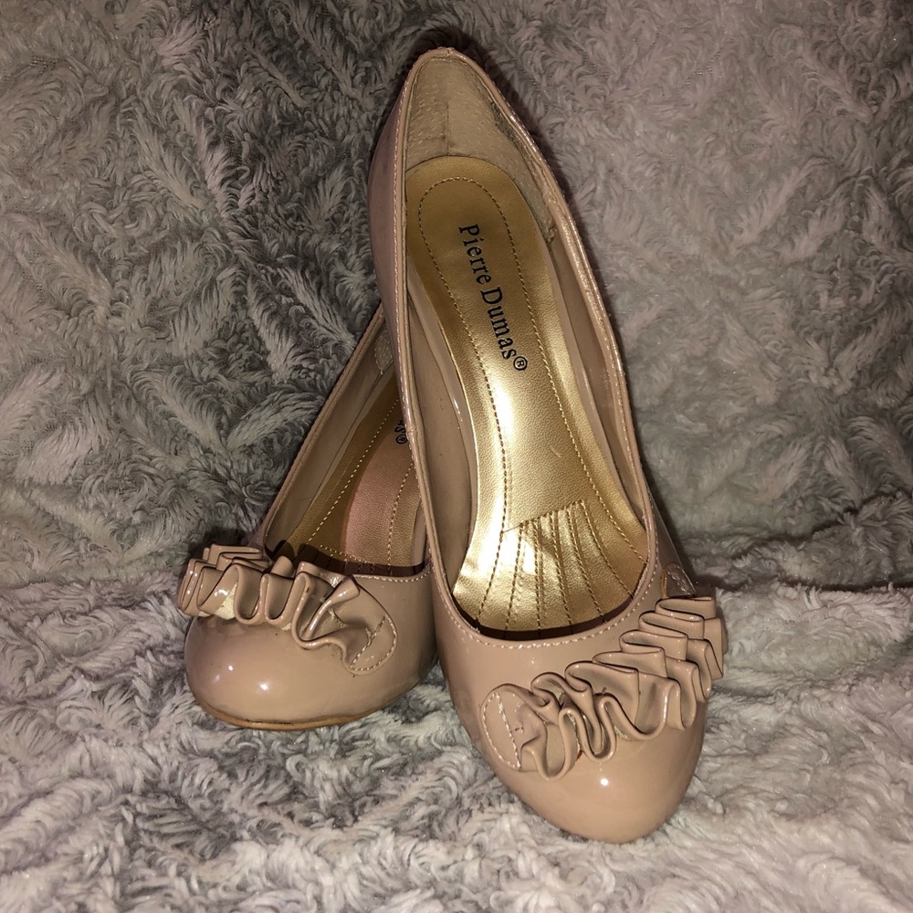 Pierre Dumas patent nude heels with ruffle trim